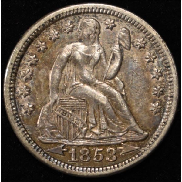 1853 SEATED LIBERTY DIME AU
