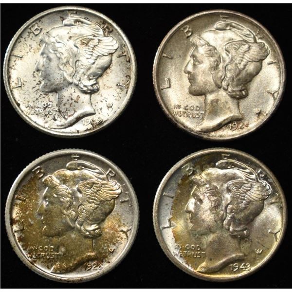 1928, 1939-D, 1943, 1945-S MERCURY DIMES GEM BU