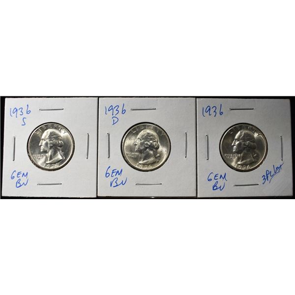 1936-P,D,S WASHINGTON QUARTERS GEM BU