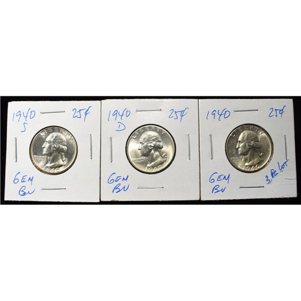1940-P,D,S WASHINGTON QUARTERS GEM BU