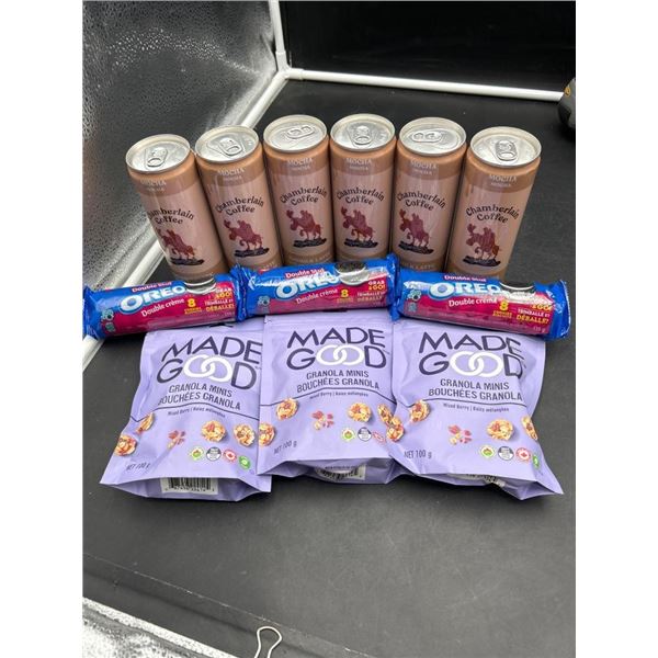 Assorted Snack Lot With Chamberlain Coffee Cans, Oreo Packs, and Made Good Granola Minis