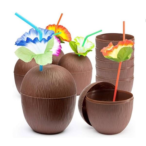 Prextex 18 Pack Coconut Cups with Flower Straws for Hawaiian Luau Tiki and Fun Party Drink Decoratio