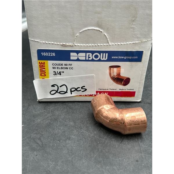 Lot of 22 Bow 160226 Copper 90-Degree Elbow Fittings, 3/4-Inch