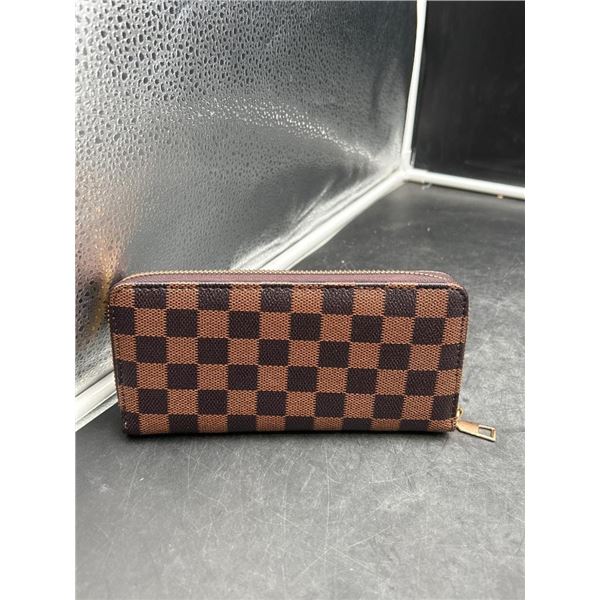 Brown and Black Checkered Zipper Wallet with Multiple Compartments
