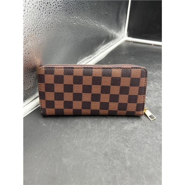 Brown Checkered Zip-Around Wallet With Multiple Compartments