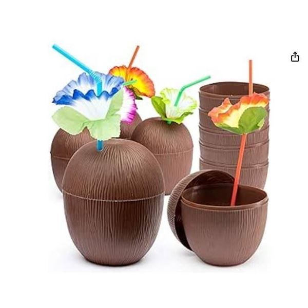 Prextex Coconut Cups With Hibiscus Straws, Twist-Close Lids, Set of 18