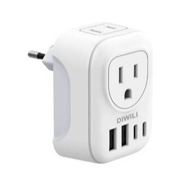 European Travel Plug Adapter with 2 AC Outlets and 4 USB Ports