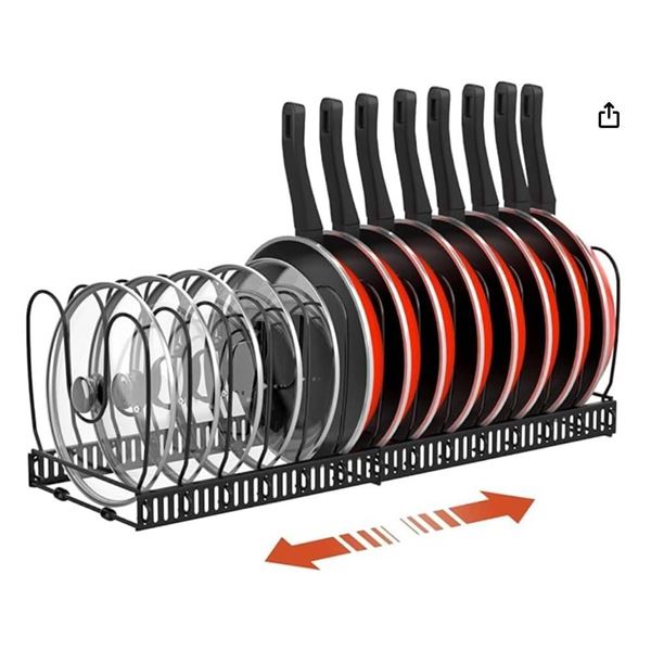 Pot and Pan Organizer Rack for Cabinet, Expandable Pot Lid Organizer with 14 Adjustable Dividers, Pa