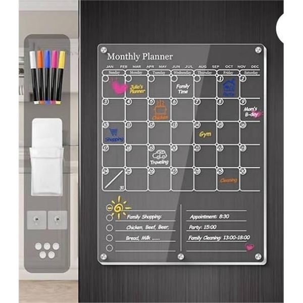 Acrylic Magnetic Fridge Calendar, Clear Dry Erase Board Calendars for Refrigerator, 2 in1 Monthly Ca