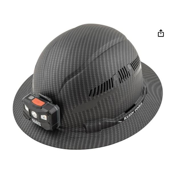 Klein Tools 60347 Hard Hat, Vented Full Brim, Class C, Premium KARBN Pattern, Rechargeable Lamp, Pad