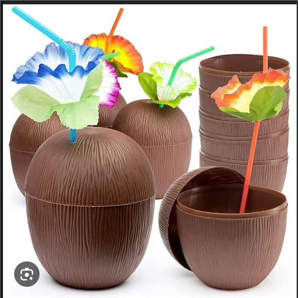 Prextex Coconut Cups with Hibiscus Straws, 18-Piece Set