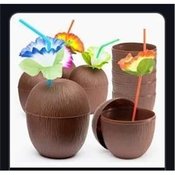 Prextex Coconut Cups With Hibiscus Straws – Set of 18