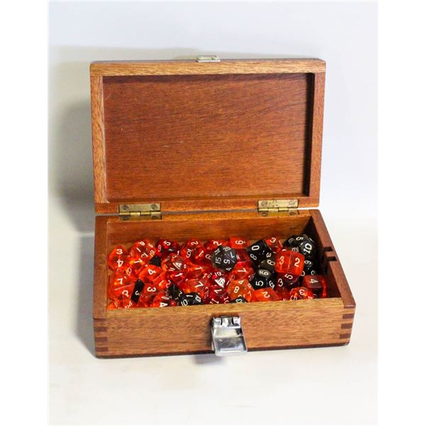 WOOD BOX WITH VINTAGE D & D RESIN DICE