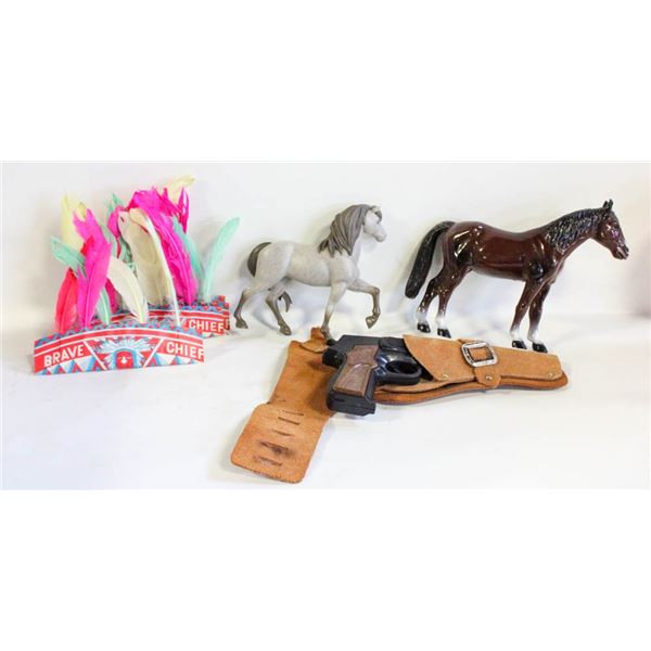 ESTATE TOYS; GUN, HOLSTER, HORSES & VINTAGE HEAD