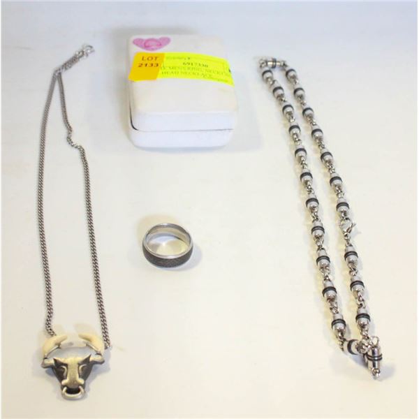 ESTATE MENS RING, NECKLACE, & BULL HEAD NECKLACE