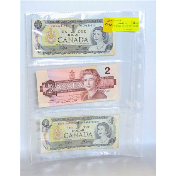 2X 1973 $1 BANK NOTES, 1X 1986 $2 NOTE