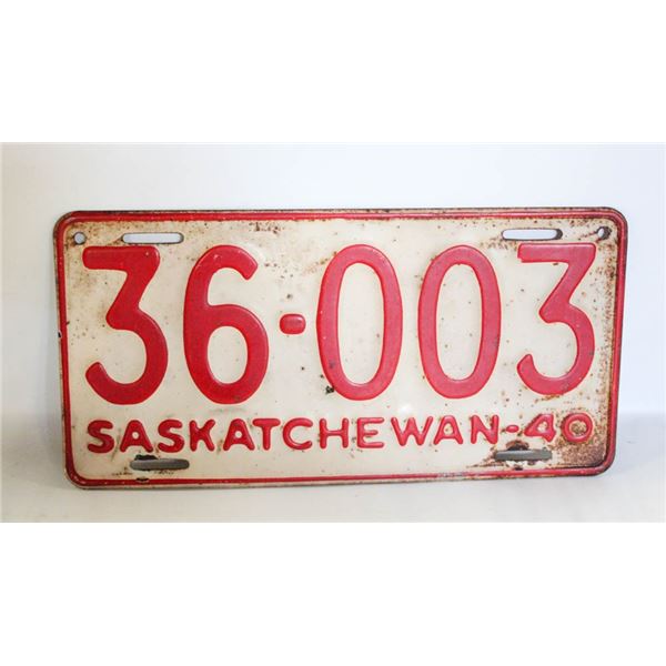 1940 SASKATCHEWAN LICENSE PLATE