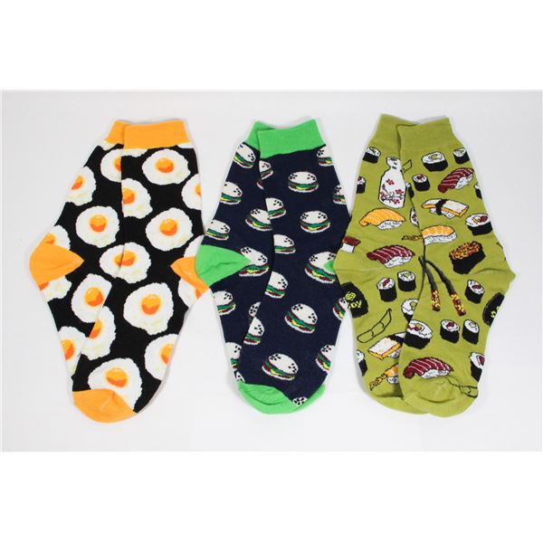 THREE NEW PAIRS OF FUN PATTERN ADULT SIZE SOCKS