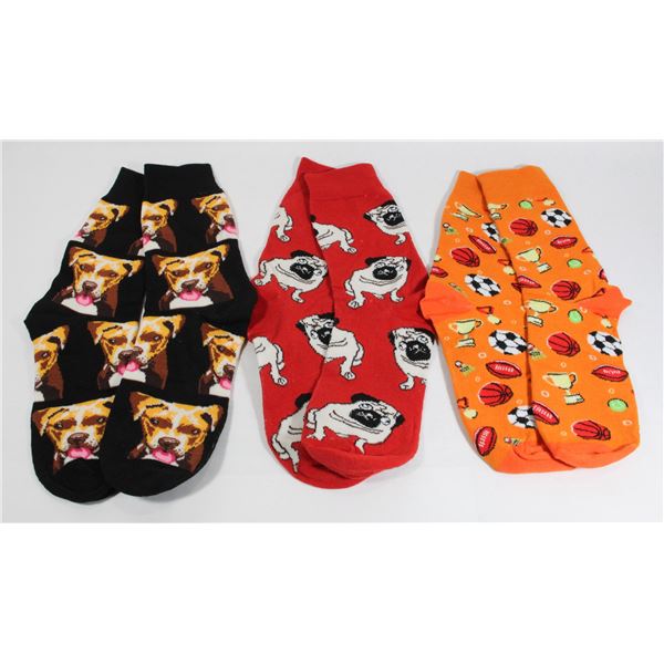 THREE NEW PAIRS OF FUN PATTERN ADULT SIZE SOCKS