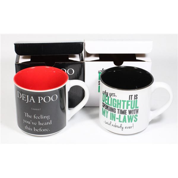 TWO NEW FUNNY COFFEE MUGS IN BOXES