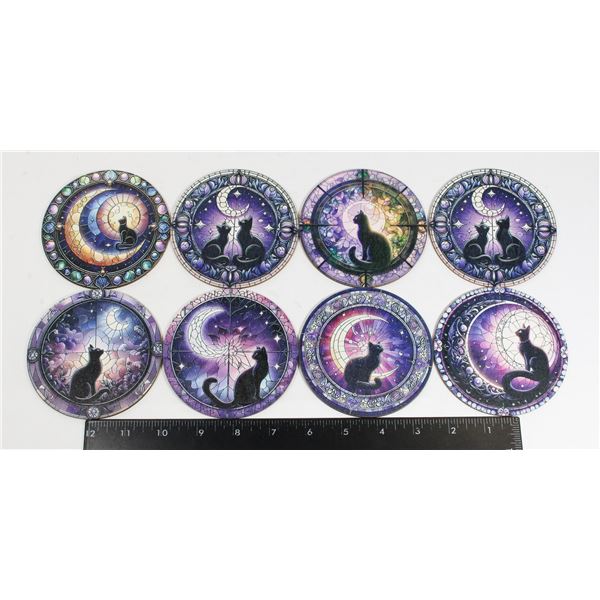 NEW 8PC NIGHT TIME CATS THEME WOOD COASTER SET