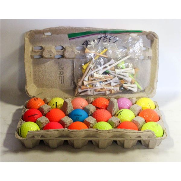 18 USED COLOUR GOLF BALLS + TEES