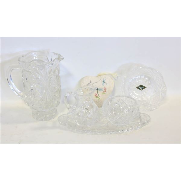(6) PINWHEEL CRFYSTAL PITCHER, BOWL, TRAY, CREME,