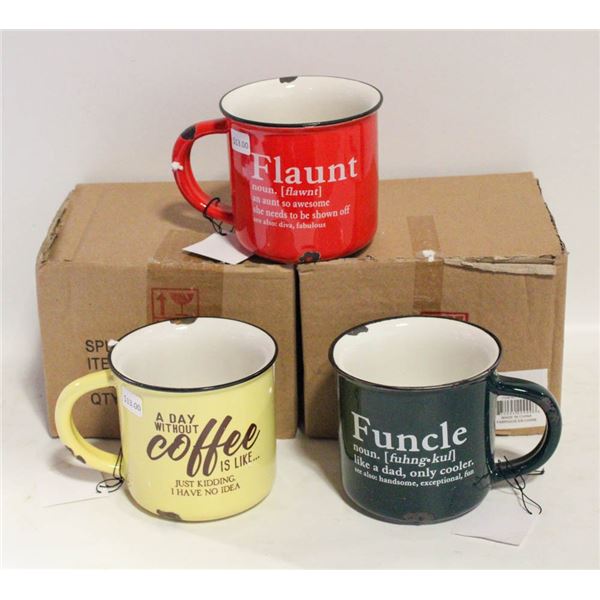 3 MUGS WITH BOXES - FUNCLE, FLAUNT, COFFEE