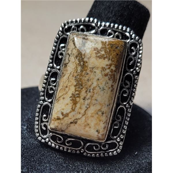 8)  RECTANGULAR CUT PICTURE JASPER SIZE 9 RING