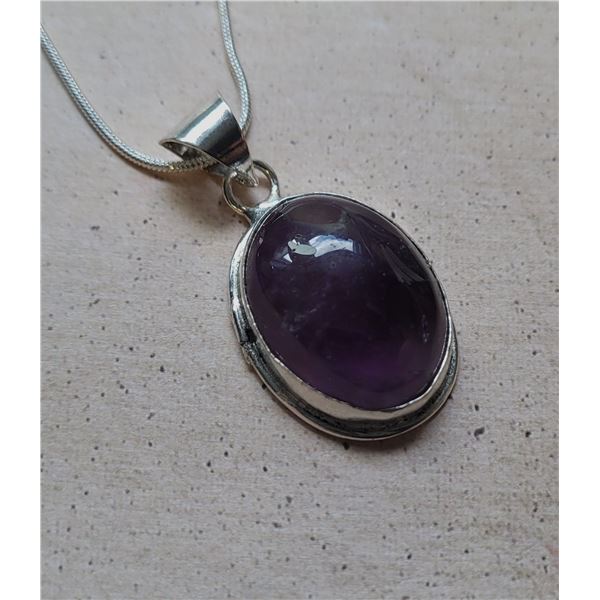 6)  NATURAL OVAL AMETHYST PENDANT ON 16"