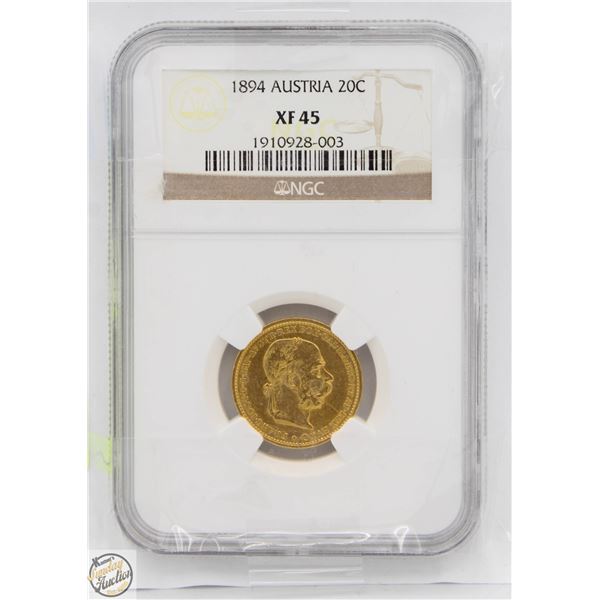 22KT SOLID GOLD 1894 AUSTRIA 20C XF45 AMERICAN