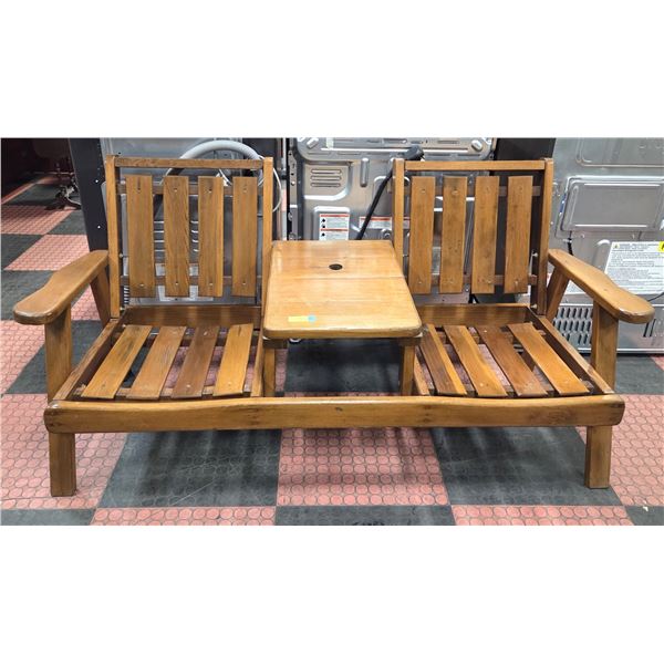 VINTAGE WOOD 2 SEAT BENCH SEAT W/TABLE