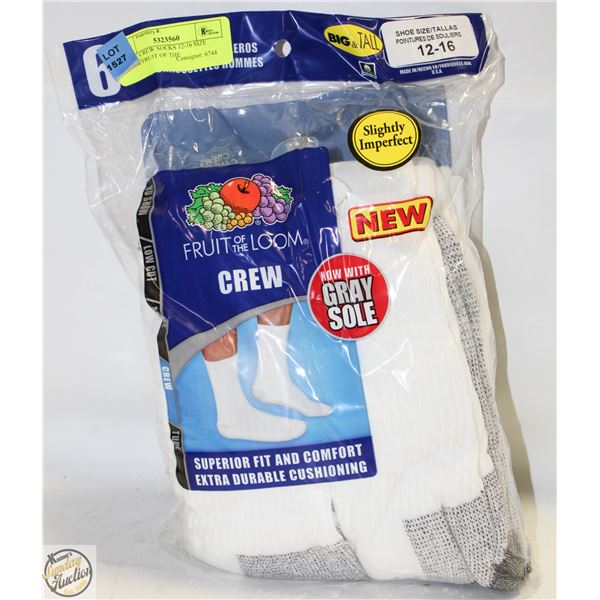 WHITE CREW SOCKS 12-16 SIZE 6-PACK FRUIT OF THE