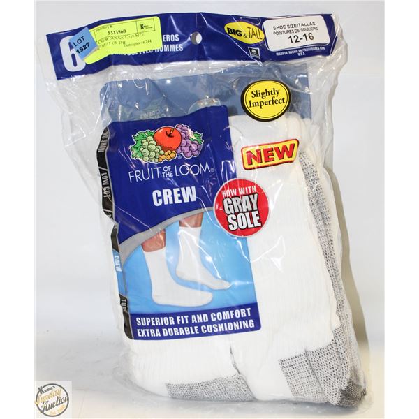 WHITE CREW SOCKS 12-16 SIZE 6-PACK FRUIT OF THE