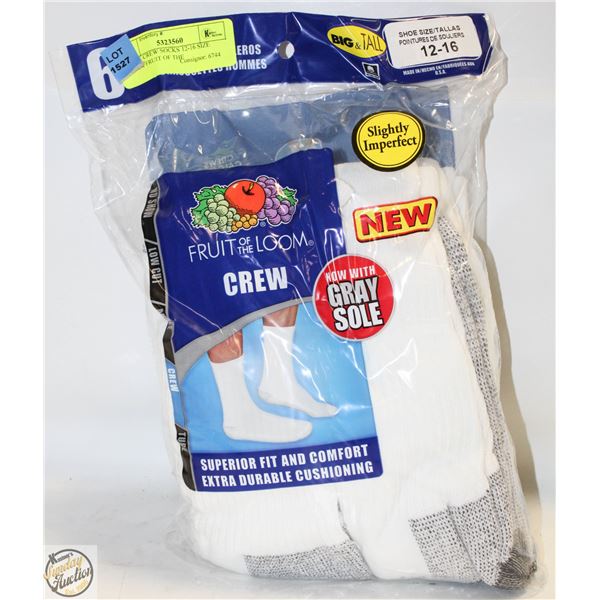 WHITE CREW SOCKS 12-16 SIZE 6-PACK FRUIT OF THE