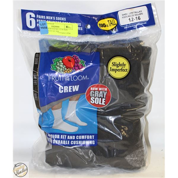 BLACK CREW SOCKS 12-16 SIZE 6-PACK FRUIT OF THE
