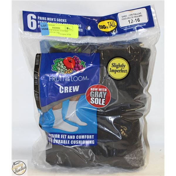 BLACK CREW SOCKS 12-16 SIZE 6-PACK FRUIT OF THE