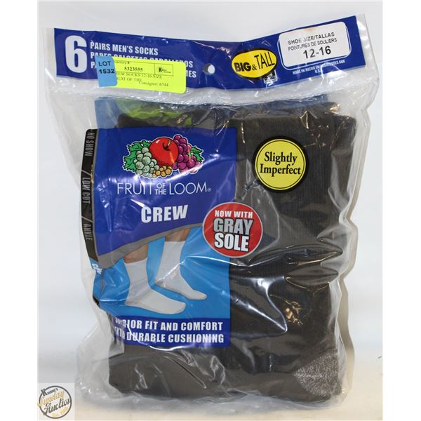 BLACK CREW SOCKS 12-16 SIZE 6-PACK FRUIT OF THE