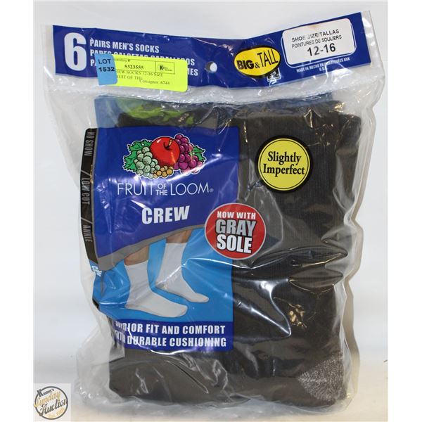 BLACK CREW SOCKS 12-16 SIZE 6-PACK FRUIT OF THE