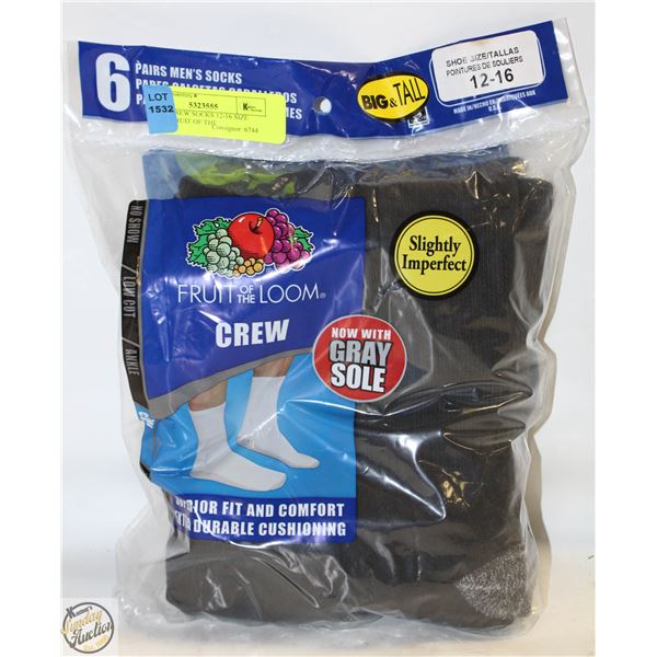 BLACK CREW SOCKS 12-16 SIZE 6-PACK FRUIT OF THE