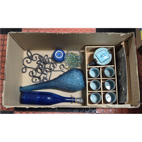 BLUE GLASSWARE, CERAMIC TEAPOT SET