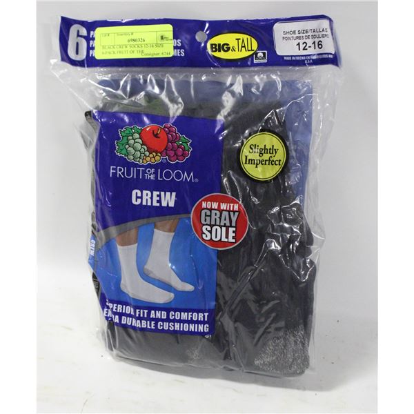 BLACK CREW SOCKS 12-16 SIZE 6-PACK FRUIT OF THE