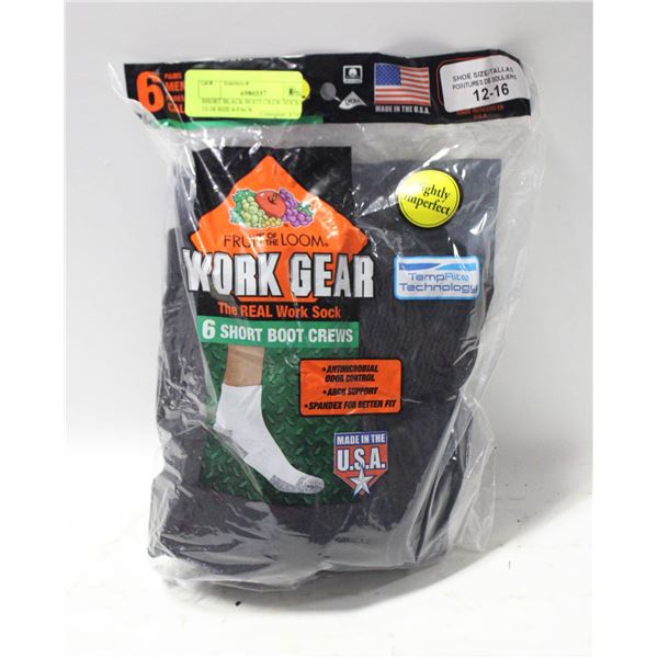 SHORT BLACK BOOT CREW SOCKS 12-16 SIZE 6-PACK