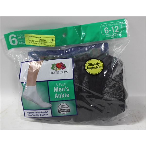 BLACK ANKLE SOCKS 6-12 SIZE 6-PACK FRUIT OF THE