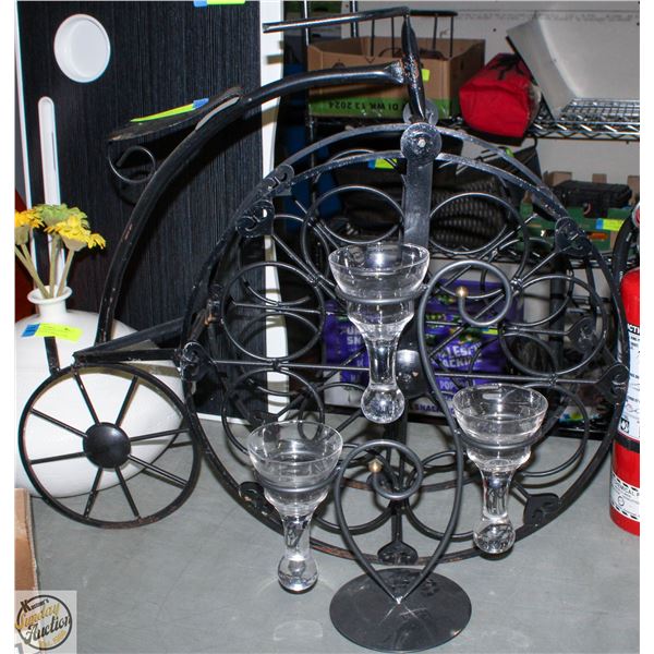 BICYCLE THEMED WINE RACK WITH WROUGHT IRON/GLASS
