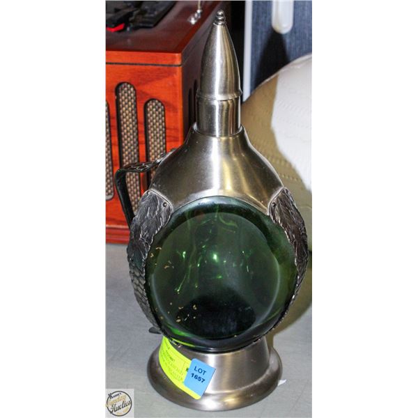 VINTAGE GREEN GLASS AND PEWTER MUSICAL DECANTER