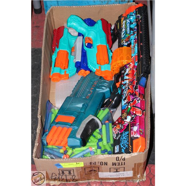 BOX WITH VARIETY OF NERF GUNS AND DARTS,