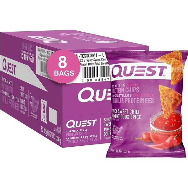 NEW CASE WITH 8 X 32G BAGS OF QUEST PROTEIN CHIPS