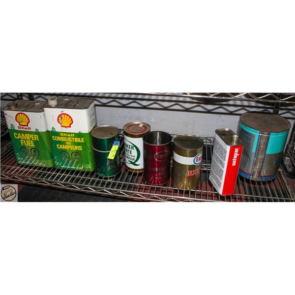 SHELF OF COLLECTABLE OIL CANS
