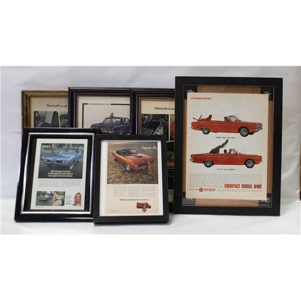 FRAMED PRINTS - 6 FRAMED ADS OF DODGE AND